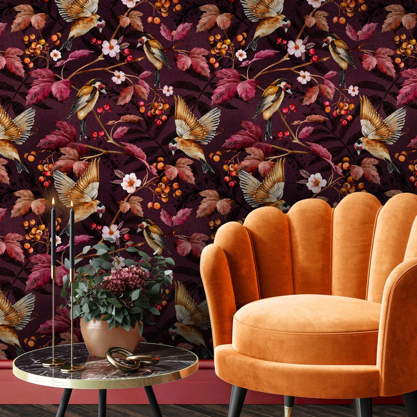Avalana Goldfinches Aubergine Wallpaper - Image 3